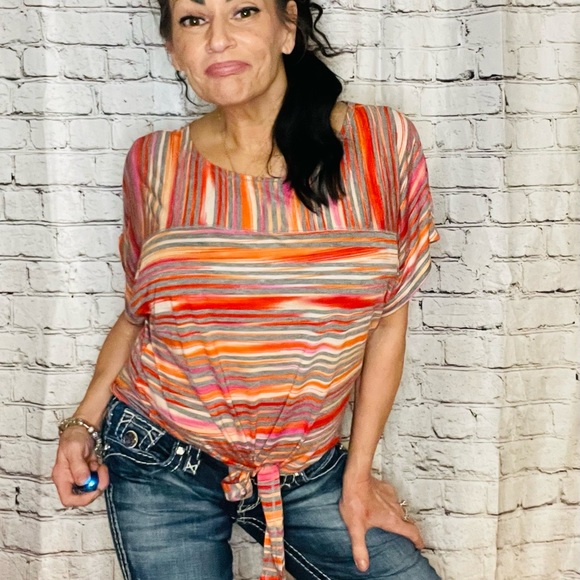 ELNC BELL SS TEE TIE FRONT VERTICAL/HORIZONTAL STRIPES RED, GREY, PINK, ORANGE - Picture 3 of 13